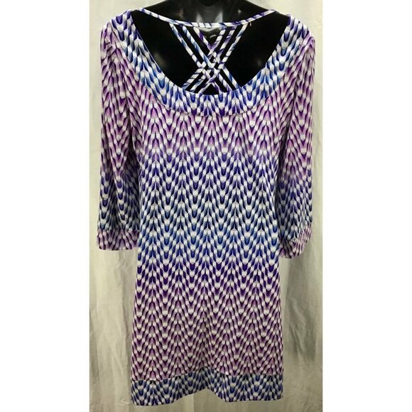 Jessica Simpson Dress Medium 10 Blue Abstract Tunic Scoop Neck 3/4 Sleeve 2570 - Picture 3 of 6